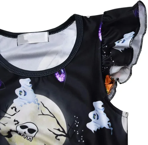 Vista 3 de Mini vestido de Halloween para niñas pequeñas, con volantes y manga corta, estampado de calabaza, acampanado, mini vestido de falda para otoño