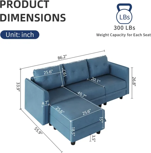 Vista 2 de LLappuil Sofá modular modular, sofá convertible en forma de L con almacenamiento, tela de piel sintética impermeable para sala de estar, 86.2