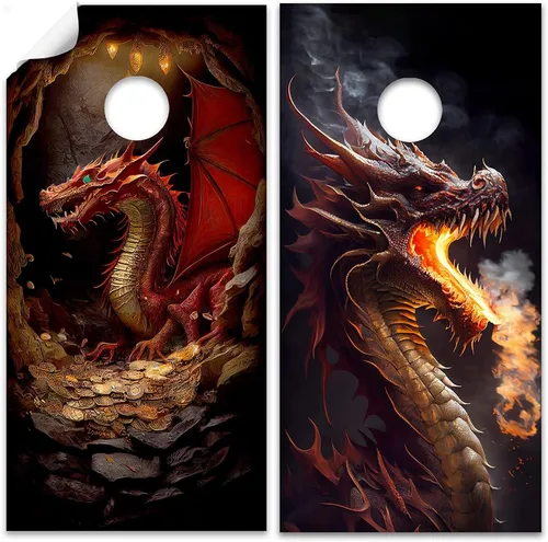 Vista 3 de Juego de 2 fundas de vinilo profesionales para tablero de Cornhole - Calcomanías de Cornhole de dragones de fantasía feroces para cubiertas