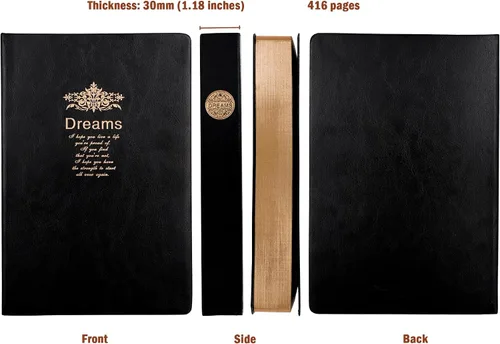 Vista 3 de BenOpinion Cuaderno rayado, cubierta de piel sintética negra, papeles gruesos de alta calidad de 3.53 oz/m² con borde dorado, 416 páginas A5