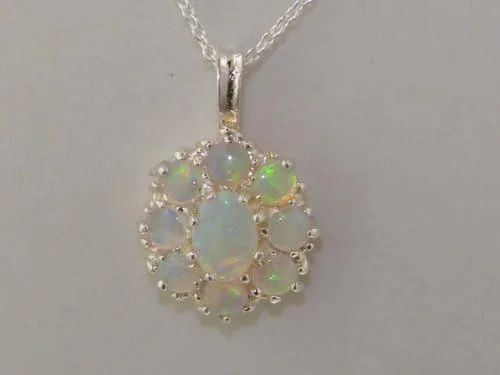 Vista 5 de Ladies Solid 925 Sterling Silver Natural Fiery Opal Large Cluster Pendant Necklace