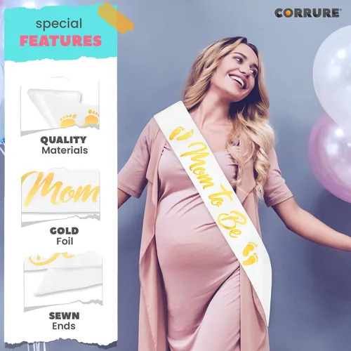 Vista 5 de CORRURE Banda para baby shower para niño o niña, banda con la frase "Mom to Be" con hermosa cinta blanca y texto dorado - Ideal para revelación