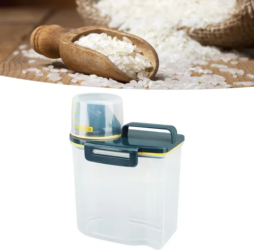 Vista 4 de Recipiente de almacenamiento de arroz, dispensador de arroz de plástico con taza medidora, dispensador hermético de granos con escala Claer, 3.3 lbs
