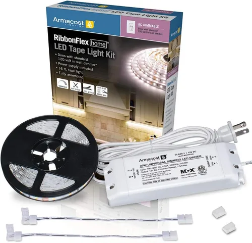 Vista 2 de Armacost Lighting 421502 Ribbon Flex Home - Kit de cinta LED para el hogar, 16 pies, regulable CA (3000 K) 300 luces LED y conector de cable