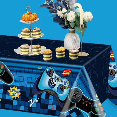 Vista 5 de Mantel rectangular de videojuegos, 3 piezas de plástico PE azul desechable, 54 x 108 pulgadas, para decoración de fiesta de cumpleaños de niños