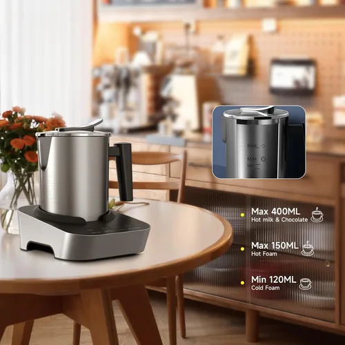 Vista 5 de Espumador de leche eléctrico 4 en 1 y vaporizador, jarra de acero inoxidable de 13.5 onzas con apagado automático, máquina de espuma fría y caliente