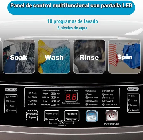 Vista 5 de Anukis Lavadora totalmente automática, capacidad de 13 libras, lavadora compacta de lavandería con bomba de drenaje, 10 programas de lavado y 8