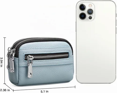Vista 5 de SENDEFN Monedero para mujer de cuero con doble cremallera alrededor de bolsa pequeña, Azul