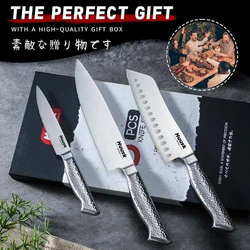 Vista 7 de Huusk Juego de 3 cuchillos de chef, juego de cuchillos japoneses de acero inoxidable aptos para lavavajillas, juegos de cuchillos de cocina ultra