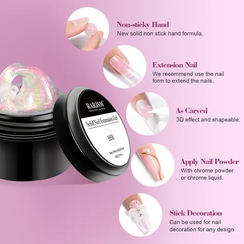 Vista 3 de RARJSM Aurora Solid Builder - Gel de uñas no pegajoso para esculpir 3D, gel de extensión de uñas Galaxy Starry Cloud transparente, naranja, rosa