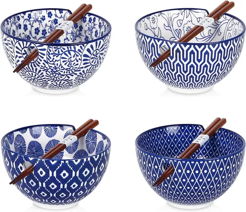 Vista 8 de Selamica Juego de cuencos de cerámica para ramen, cuencos de fideos de 15 onzas para cocina con palillos, cuencos profundos para sopa japonesa