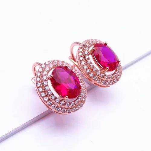 Vista 2 de SAGEKING 2024 New 585 Purple Gold Plated 14K Rose Gold Inlaid Oval Ruby Earrings For Women Elegant Hollow Crystal Charm High Jewelry Gift Fashion