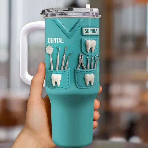 Vista 3 de Celebra tu pasión por la odontología con herramientas esenciales, vaso personalizado de 40 onzas con popote, regalo para profesionales dentales