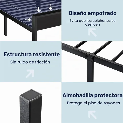 Vista 6 de Base de cama Allewie de tamaño individual con cabecero y pie de cama de madera, soporte de listones de metal resistentes, no requiere somier