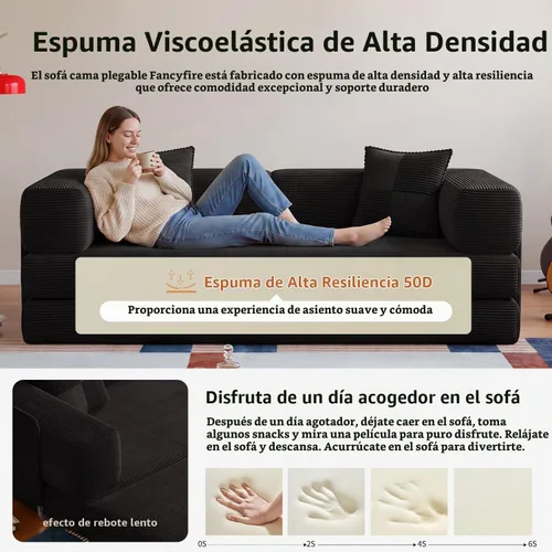 Vista 4 de Sofá cama sin hueso de 78.8 pulgadas para sala de estar, sofá Negro