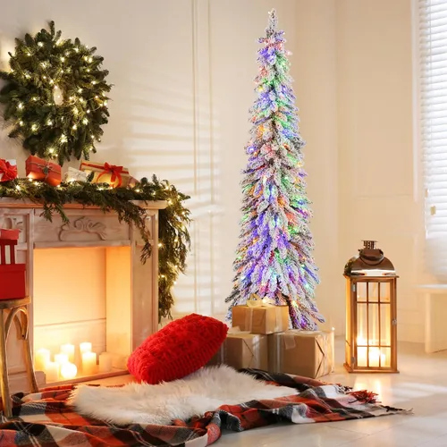 Vista 9 de GOFLAME Árbol de Navidad Artificial Preiluminado de 6 Pies, Árbol de Navidad Delgado con Cobertura de Nieve y Forma de Lápiz con Luces LED
