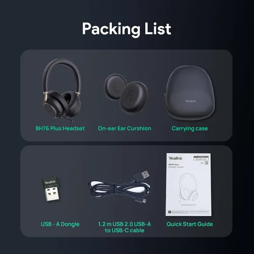 Vista 6 de Yealink BH76 Plus Auriculares Bluetooth, Auriculares Inalámbricos con Micrófono para PC, Cancelación Activa de Ruido, Brazo de Micrófono Oculto
