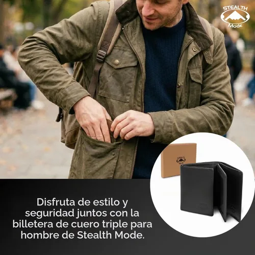 Vista 6 de Stealth Mode cartera de cuero RFID plegable para hombres con soporte para identificación abatible, Negro, Talla única