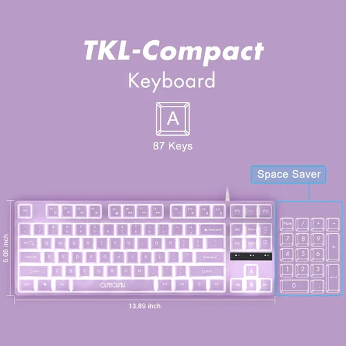 Vista 2 de CHONCNHOW - Teclado y mouse para juegos con retroiluminación blanca, teclado LED y micrófono de 87 teclas con cable de 3600 DPI con cable de 19