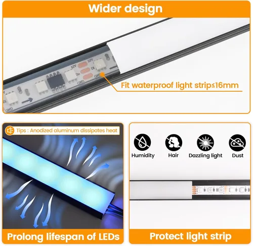 Vista 3 de Muzata Paquete de 20 canales LED de aluminio negro con cubierta blanca lechosa U102 BW 1M