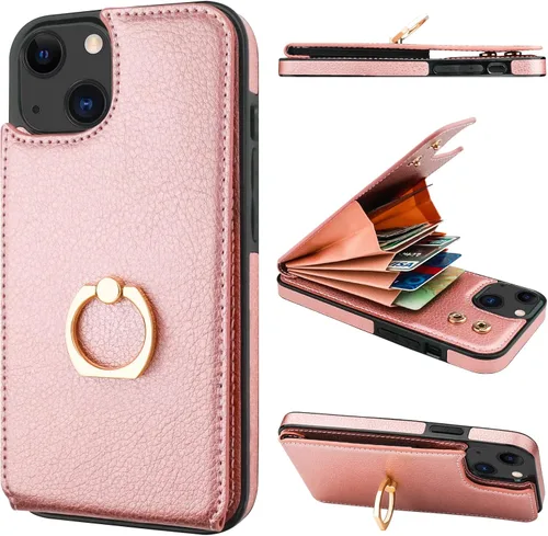 Vista 15 de Folosu Funda tipo billetera compatible con iPhone 14 con soporte para tarjetas, soporte de anillo para dedo con rotación de 360° y función atril
