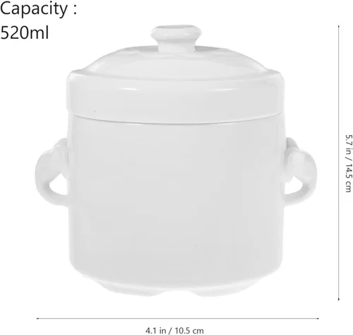 Vista 2 de HEMOTON Olla de cerámica blanca con tapa, cuenco de sopa de vapor con asas, taza de vapor para sopa y fideos, utensilios de cocina para natillas