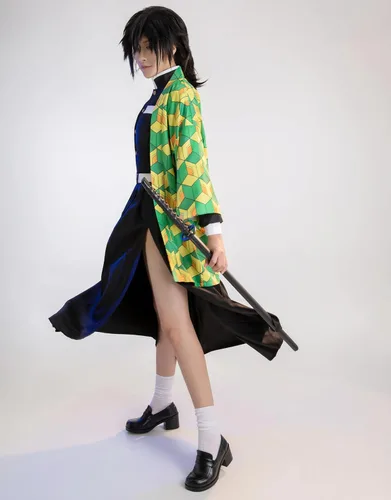 Vista 4 de Miccostumes Conjunto de uniforme de kimono para mujer y falda larga con abrigo y cinturón