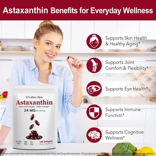 Vista 4 de O NATURE . ZIRAN Suplementos de astaxantina de 24 mg, suplemento antioxidante, ayuda para la salud de los ojos, las articulaciones y la piel