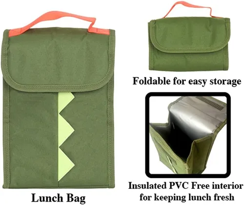 Vista 4 de Juego de mochila para niños, 16 pulgadas, 6 piezas, incluye bolsa de almuerzo plegable, botella de agua, llavero y estuche para lápices, Dinosaurio