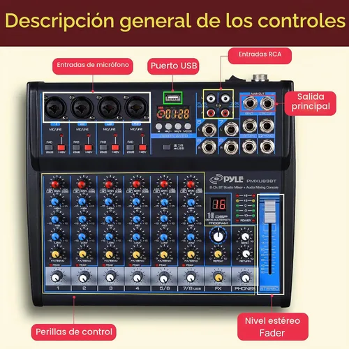 Vista 6 de Pyle - Mezclador de audio profesional, tablero de sonido, consola de mesa, sistema de interfaz de 8 canales, USB digital, Bluetooth, MP3, entrada