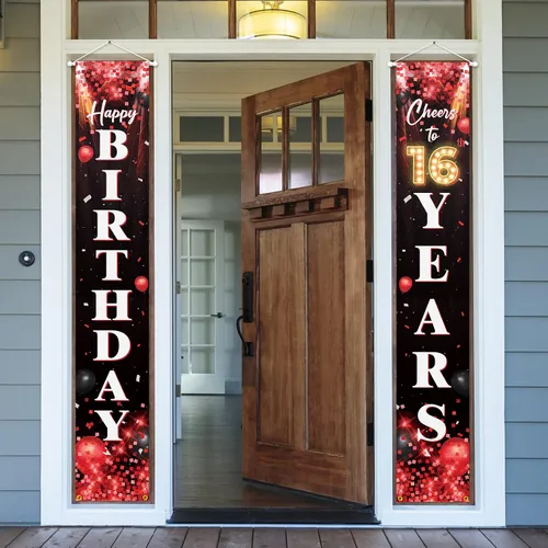 Vista 10 de Letrero de feliz cumpleaños número 10 para puerta, color rojo y negro, decoración temática de fiesta de cumpleaños con purpurina para niños y niñas