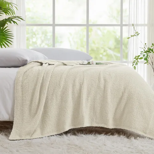 Vista 5 de CYMULA Manta de Punto Súper Suave Tamaño Throw Beige - Ligera Afelpada Esponjosa Mullida Cálida Acogedora Mantas y Throws para Sofá Cama Uso