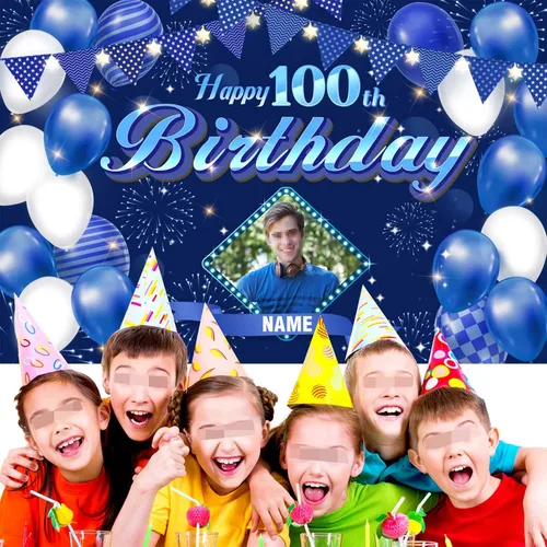 Vista 5 de Dicodes Fondo de decoración de feliz cumpleaños número 100 color azul marino personalizado, cartel con purpurina, pancarta, suministros