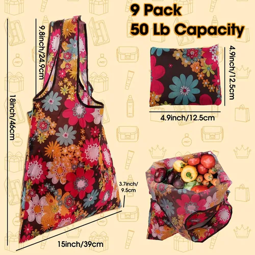 Vista 3 de Paquete de 9 bolsas de comestibles reutilizables, bolsas de compras plegables, bolsa de nailon con asas, lavable, grande, ligera