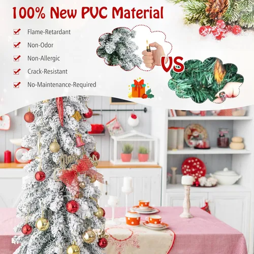 Vista 5 de GOFLAME Árbol de Navidad artificial preiluminado de 4 pies, árbol de Navidad delgado con nieve en forma de lápiz con luces LED multicolor y blanco