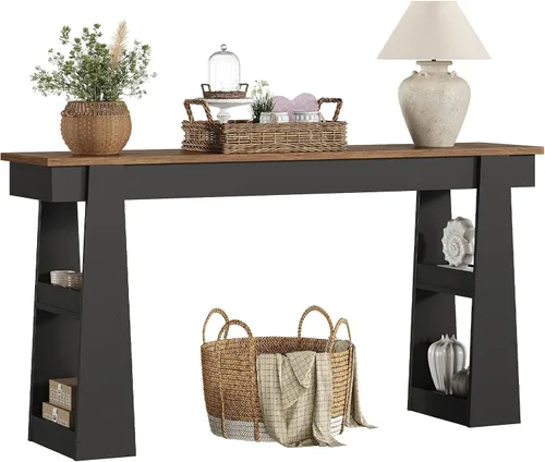 Vista 8 de Mesa consola de 63 pulgadas de largo para entrada, mesa de entrada de madera con estantes de 2 niveles, mesa de sofá grande detrás del sofá, mesa