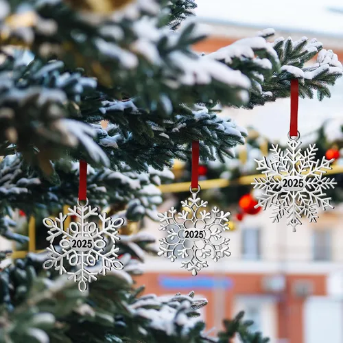Vista 4 de Hotop 12 piezas Adorno de Navidad de copo de nieve de metal 2025 para árbol de Navidad, adornos colgantes de Navidad para árbol de Navidad, adornos