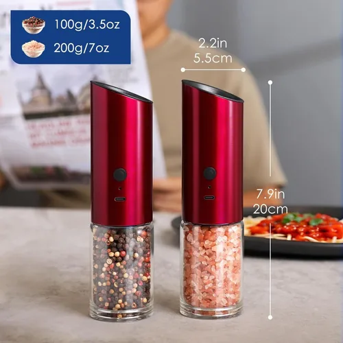 Vista 4 de Vzaahu Gravity - Molinillo eléctrico de pimienta y sal - Juego de 2 molinillo de sal y pimienta recargable de acero inoxidable con luz LED Rojo