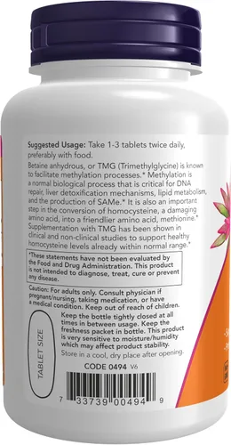 Vista 2 de Now Foods Extra Strength TMG 1,000 mg Tabs, 100 ct