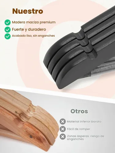 Vista 4 de HOUSE DAY - Paquete de 10 perchas de madera negra, percha de madera maciza con barra antideslizante para pantalones, percha de abrigo de madera Negro