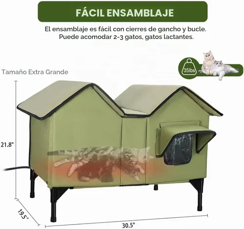 Vista 5 de Casa climatizada para gatos para exteriores, casa extragrande para gatos al aire libre, resistente a la intemperie con almohadilla térmica, puerta