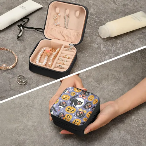 Vista 8 de Joyero de viaje de calabaza de gato negro de Halloween, caja de joyería portátil de piel sintética, organizador de viaje, pequeña caja de joyería