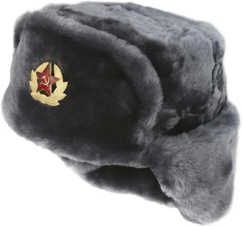 Vista 4 de Sombrero de invierno ruso ushanka gris, con insignia de estrella roja soviética