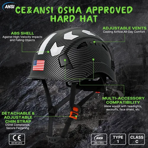 Vista 2 de Aolamegs Vented Carbon Fiber Pattern Hard Hat, ANSI Z89.1 Type 1 Class C Safety Helmet for Construction, OSHA Approved Work Hat with 6-Point