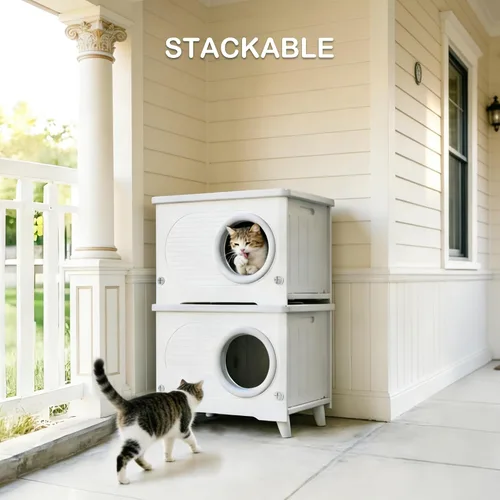 Vista 4 de Casa para gatos al aire libre resistente a la intemperie con puerta de escape, refugio aislado de plástico resistente para gatos, casa elevada