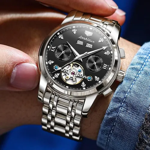 Vista 3 de JSDUN Relojes para hombre automáticos de esqueleto Tourbillon con diamantes de cuerda automática, reloj de pulsera de acero inoxidable, impermeable
