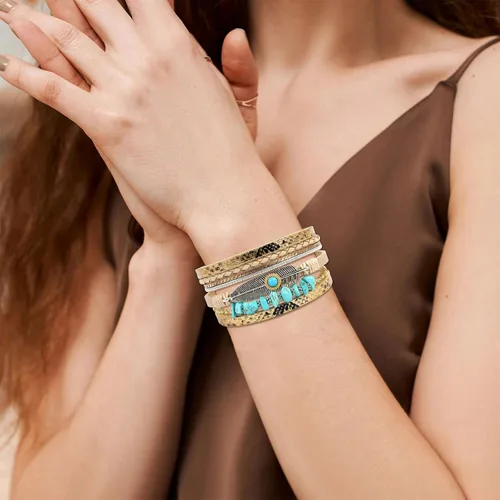 Vista 6 de Long tiantian Pulseras para mujer, joyería turquesa de moda para mujer, pulsera de múltiples hebras, pulseras de cuero para mujer, pulseras