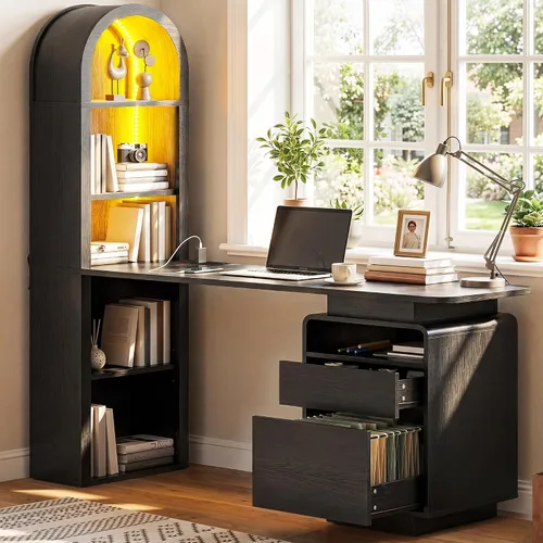 Vista 2 de YITAHOME Escritorio para computadora de 59 pulgadas con luces LED y tomas de corriente, escritorio de oficina en casa con estantería, cajón de Negro