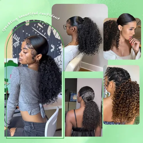 Vista 7 de Youthfee Cola de caballo con cordón para mujer, cola de caballo rizada profunda, sintética mezclada con cabello humano, negro natural, afro, rizado