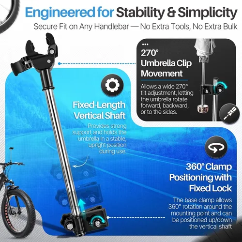 Vista 5 de Flexzion Soporte de abrazadera ajustable para sombrilla de bicicleta – Accesorio universal para cochecito, soporte de sombrilla para silla de ruedas